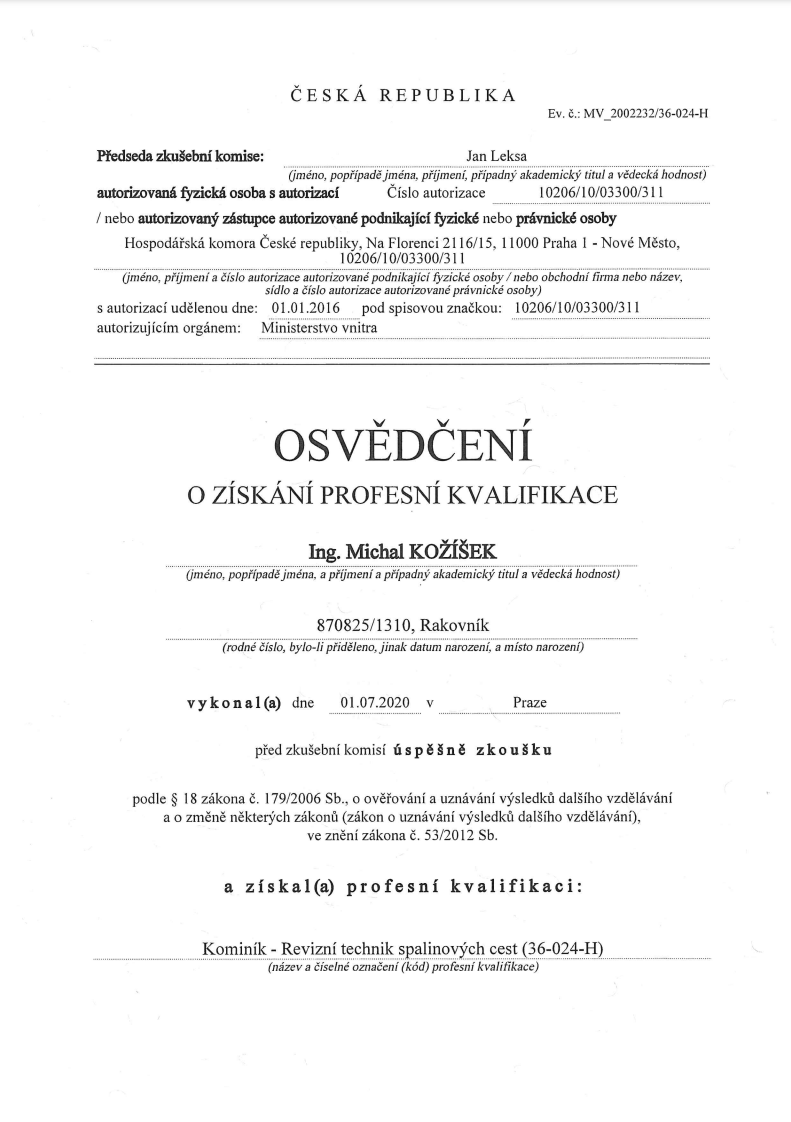 Osvědčení o získání profesní kvalifikace – Kominík / Revizní technik spalinových cest